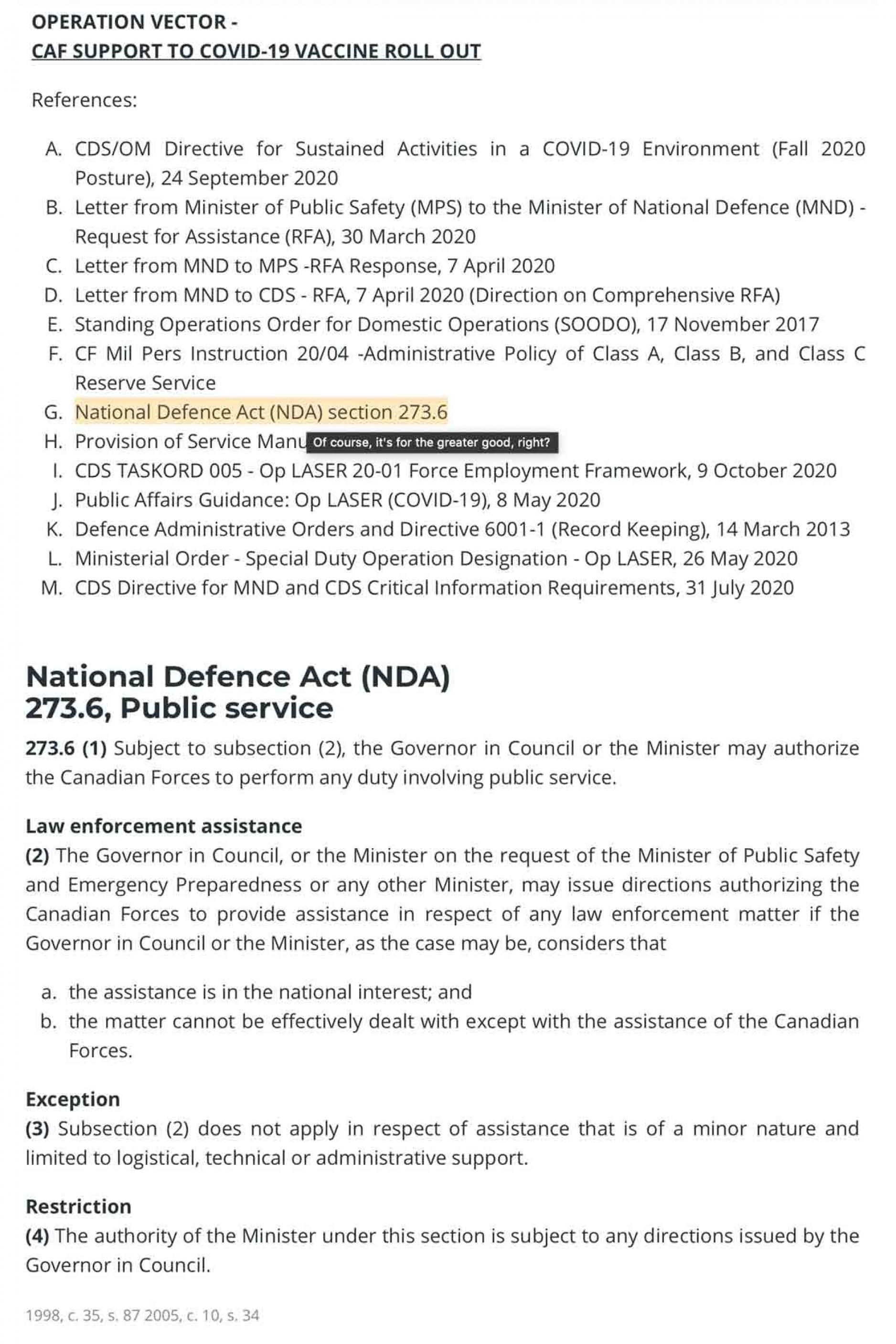 National Defence Act, 273.6 — Law Enforcement Assistance National Defence Act, 273.6 — Law Enforcement Assistance